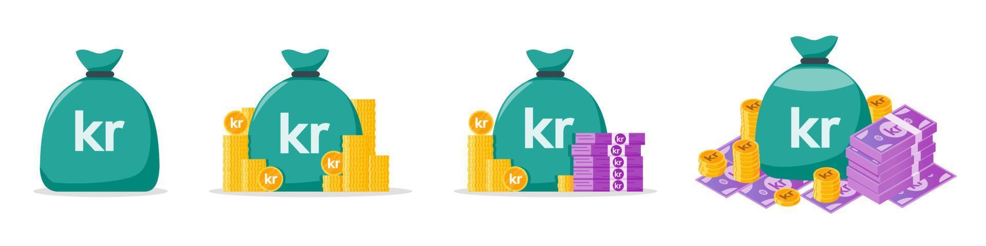 Norwegian Krone Money Bag Icon Set vector