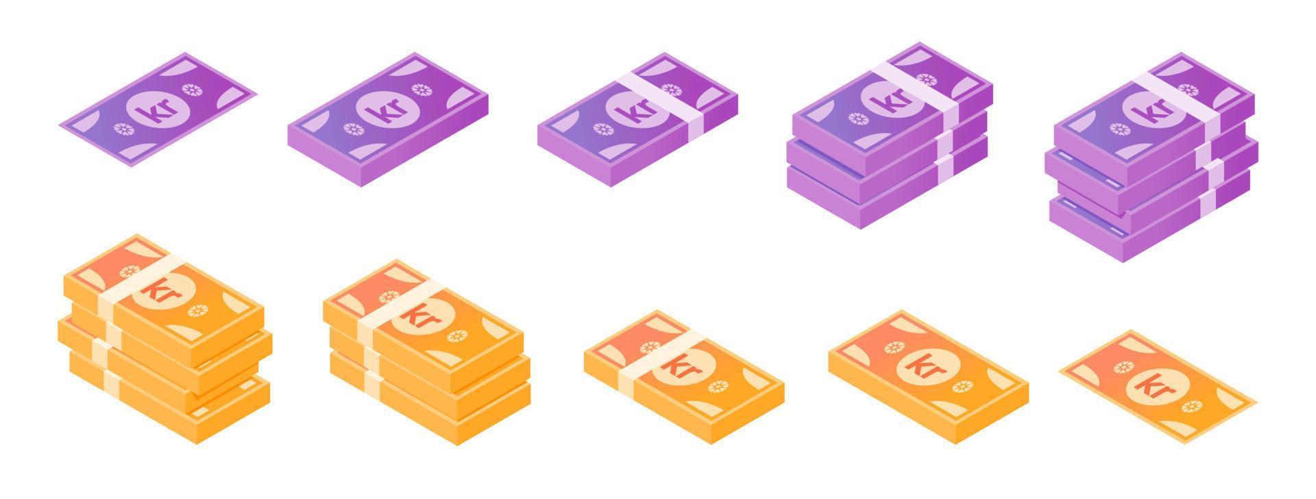 Norwegian Krone Banknote Isometric Icon Set vector