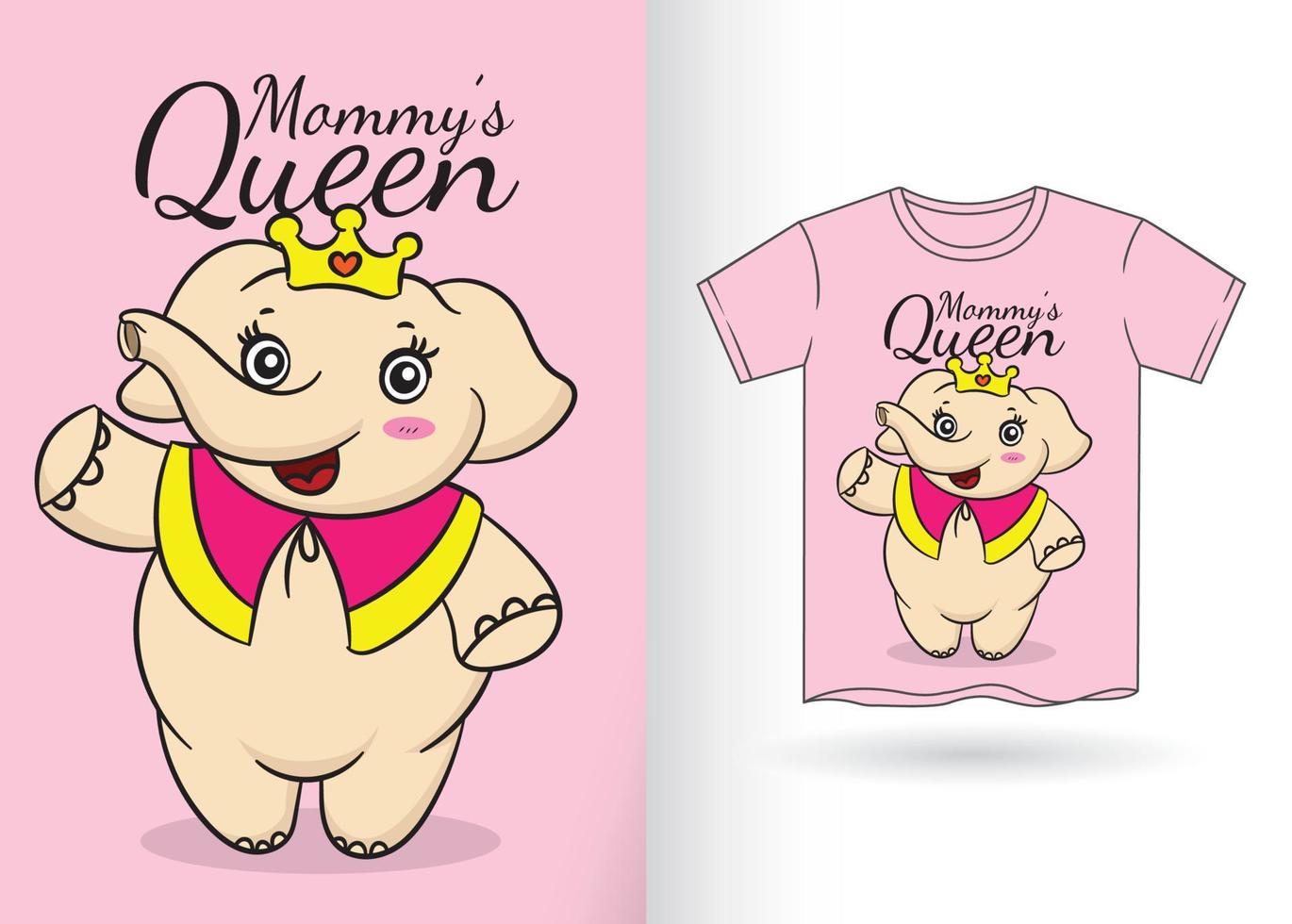 Hand drawn elephant queen cartoon for t shirt vector