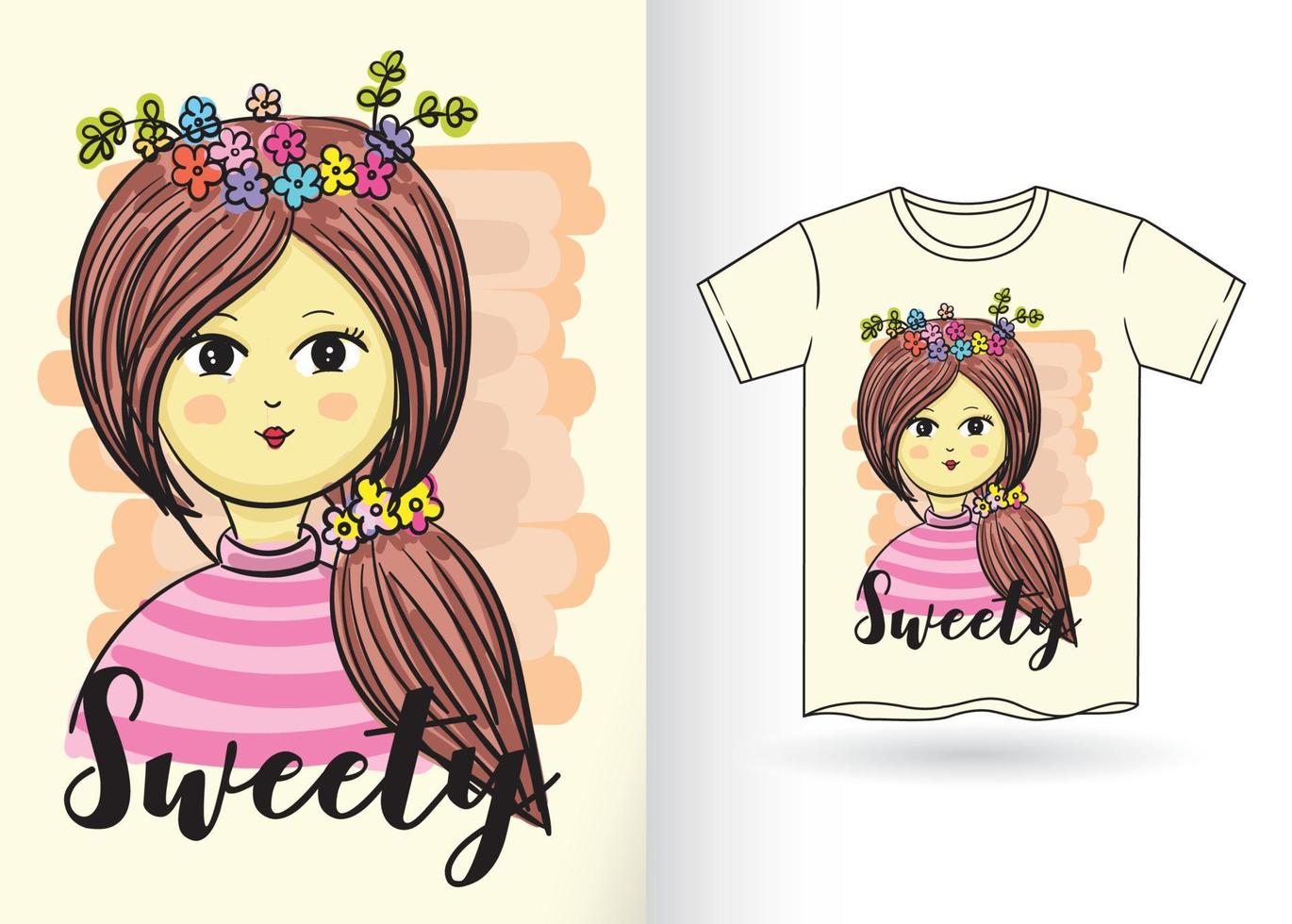 Hand drawn cute girl for t shirt vector