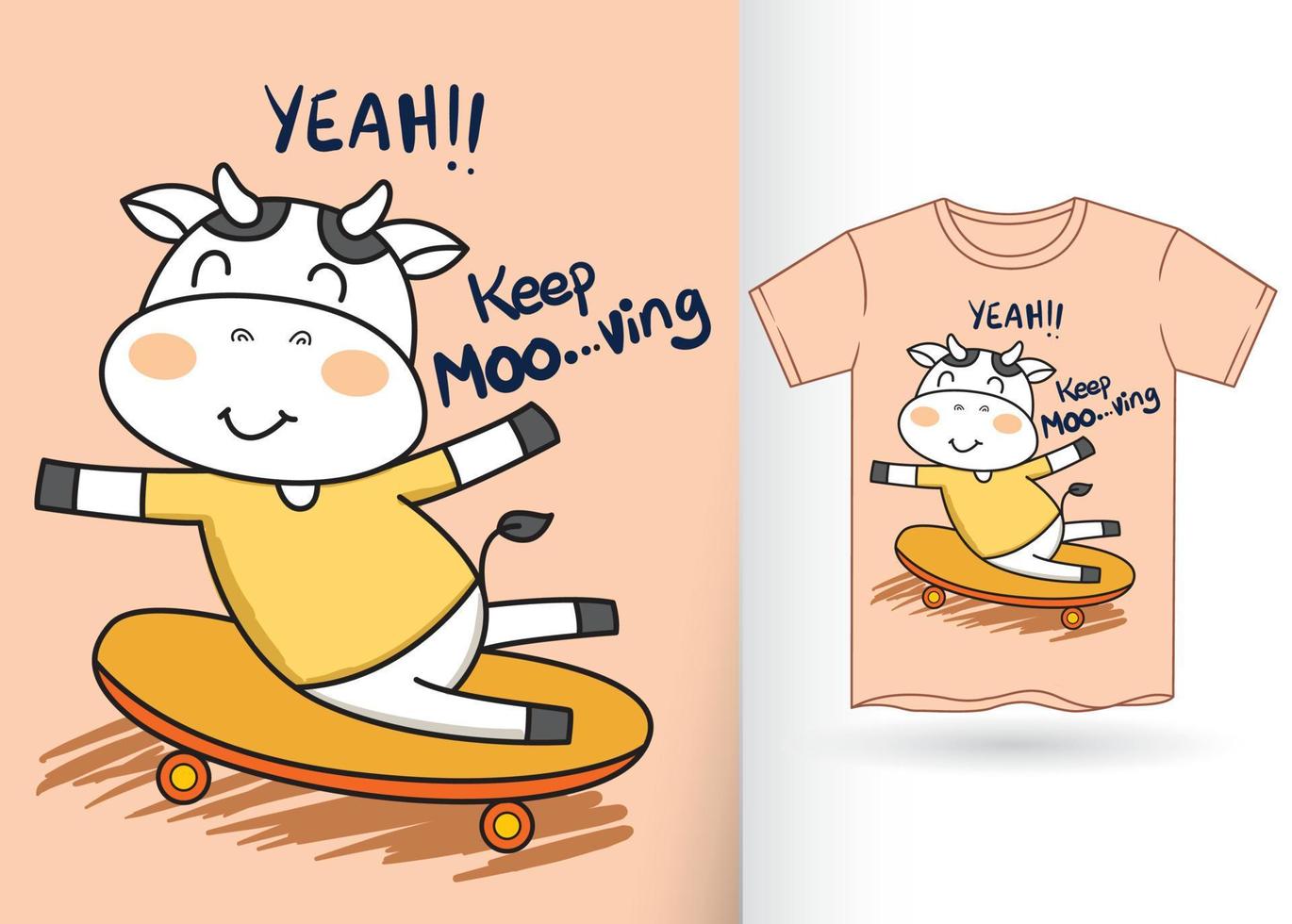 Cute cow skateboarding cartoon for t shirt.eps vector