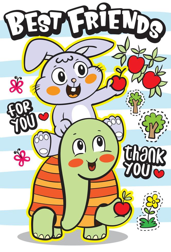 Cute rabbit and turtle cartoon illustration for t shirt.eps vector