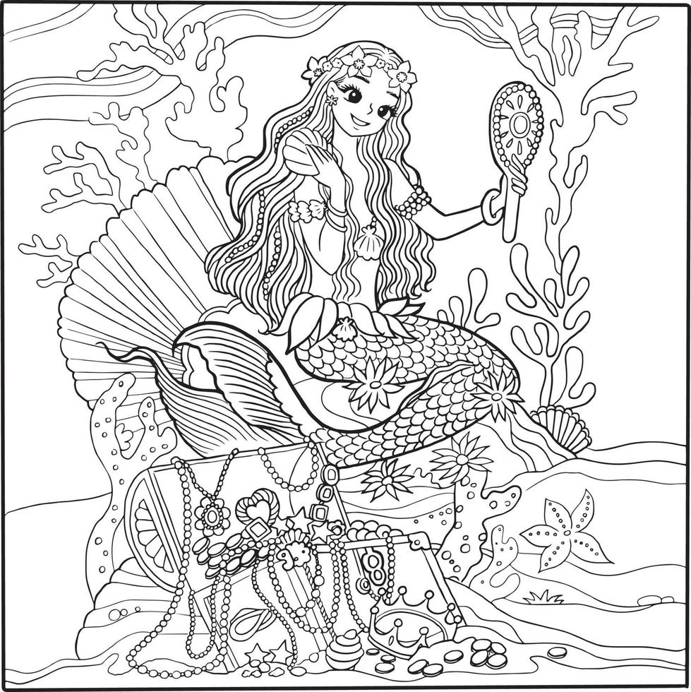 página para colorear sirena princesa del mar dibujos animados línea niña ilustración descarga gratuita vector