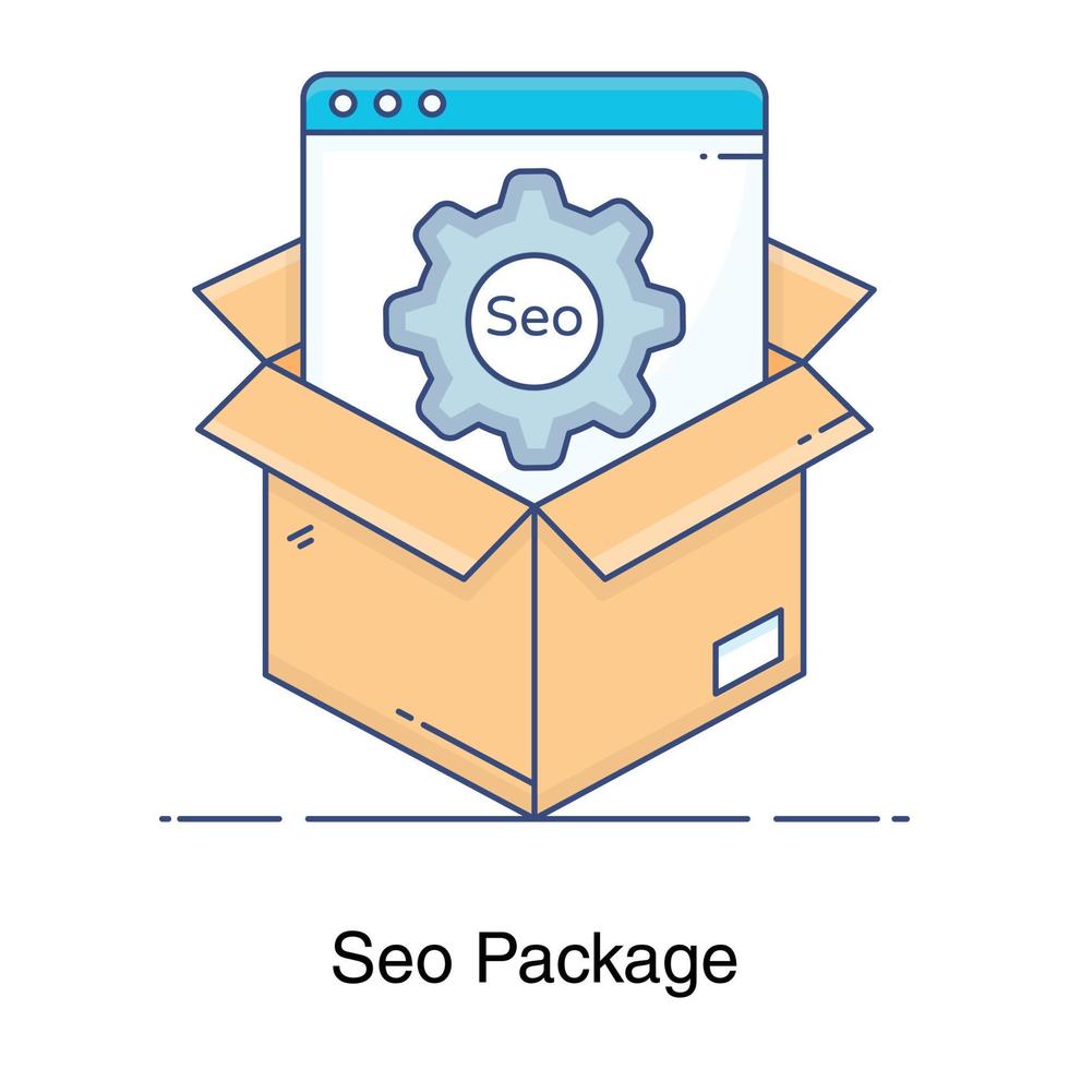 una caja de cartón con rueda dentada que simboliza el paquete de servicios de seo vector