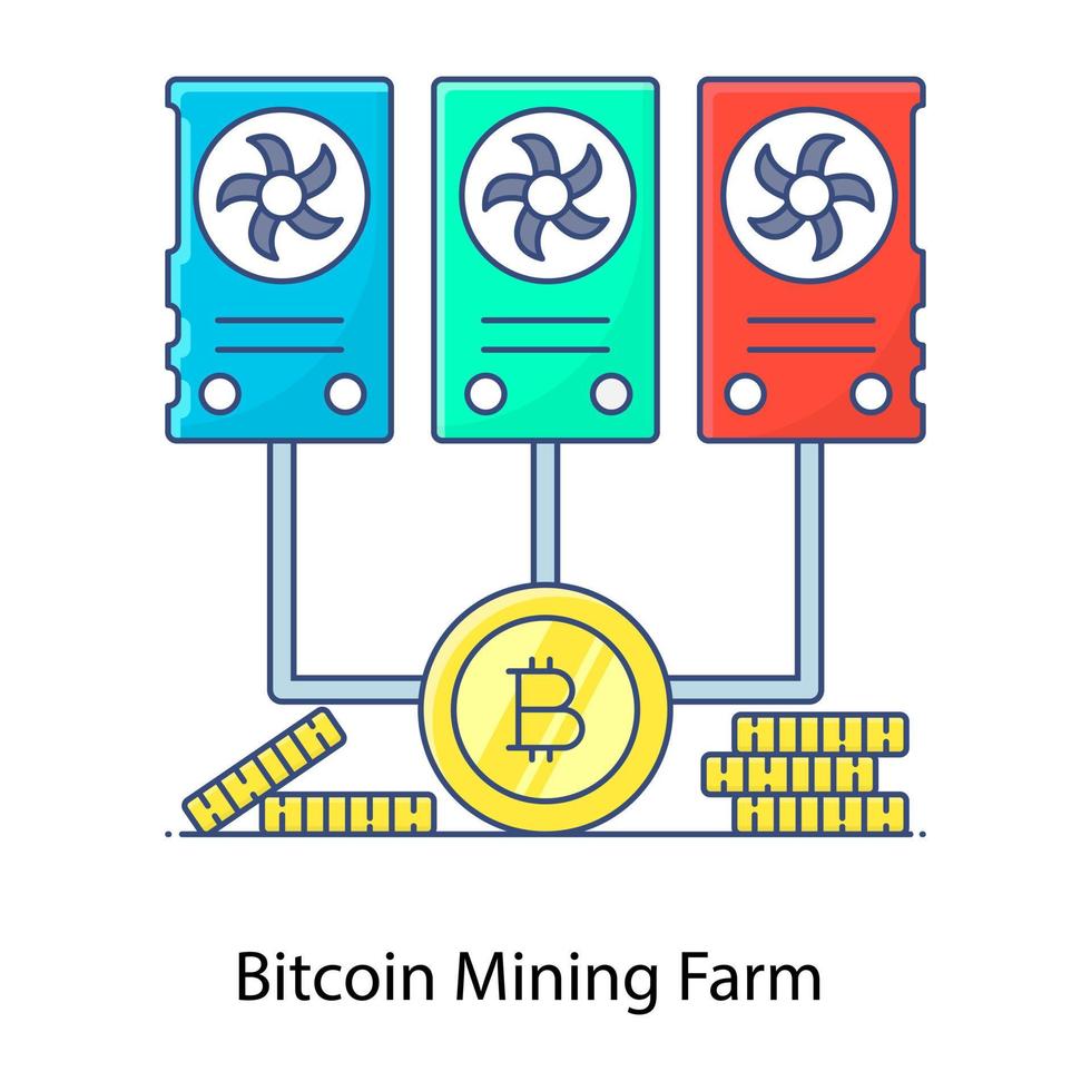 Bitcoin mining farm vector image, filled outline style