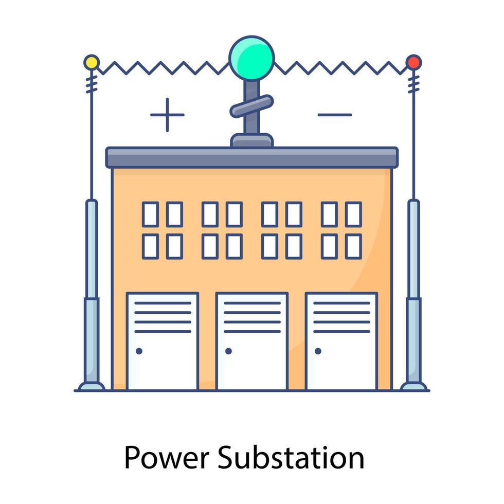 Electrical transformer, flat outline icon of power substation vector