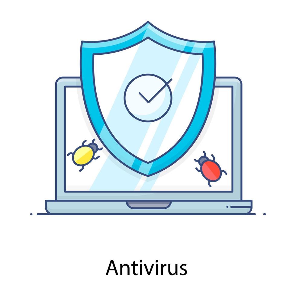 escudo verificado dentro de la computadora portátil que indica el icono antivirus de la computadora portátil en un diseño de contorno plano vector