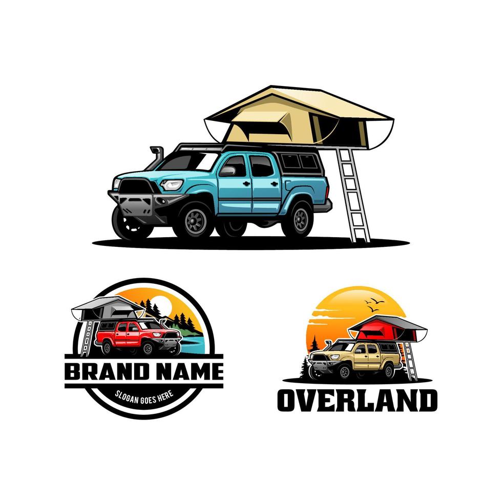 set of camper truck with roof top tent illustration vector