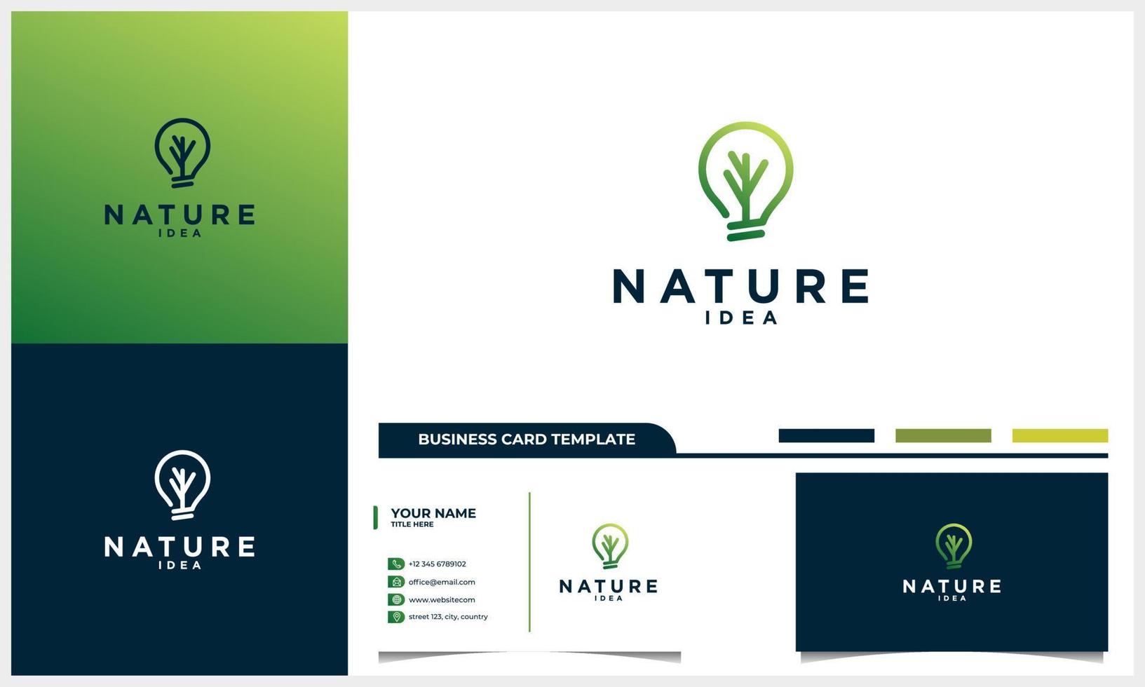 line art light bulb and natural tree logo concept with business card template vector