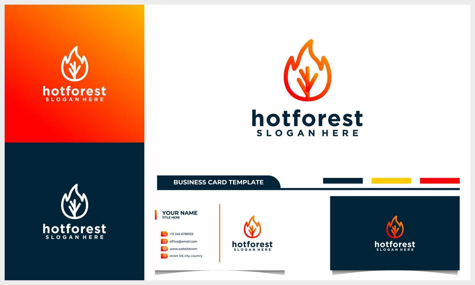 line art fire and tree logo concept with business card template vector