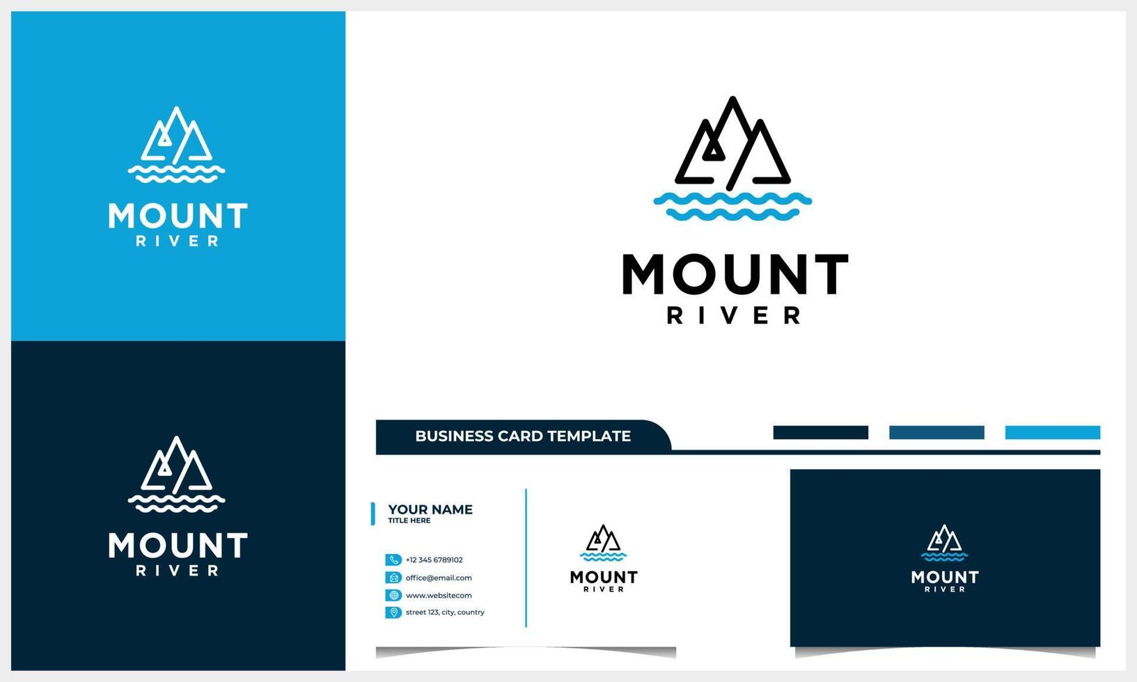 line art mountain with river logo concept and business card template vector