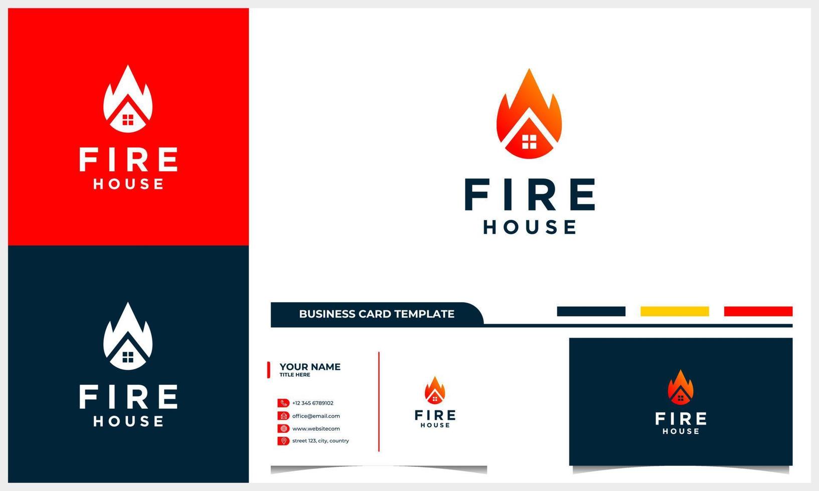 hogar y casa con concepto de logotipo de fuego y plantilla de tarjeta de visita vector