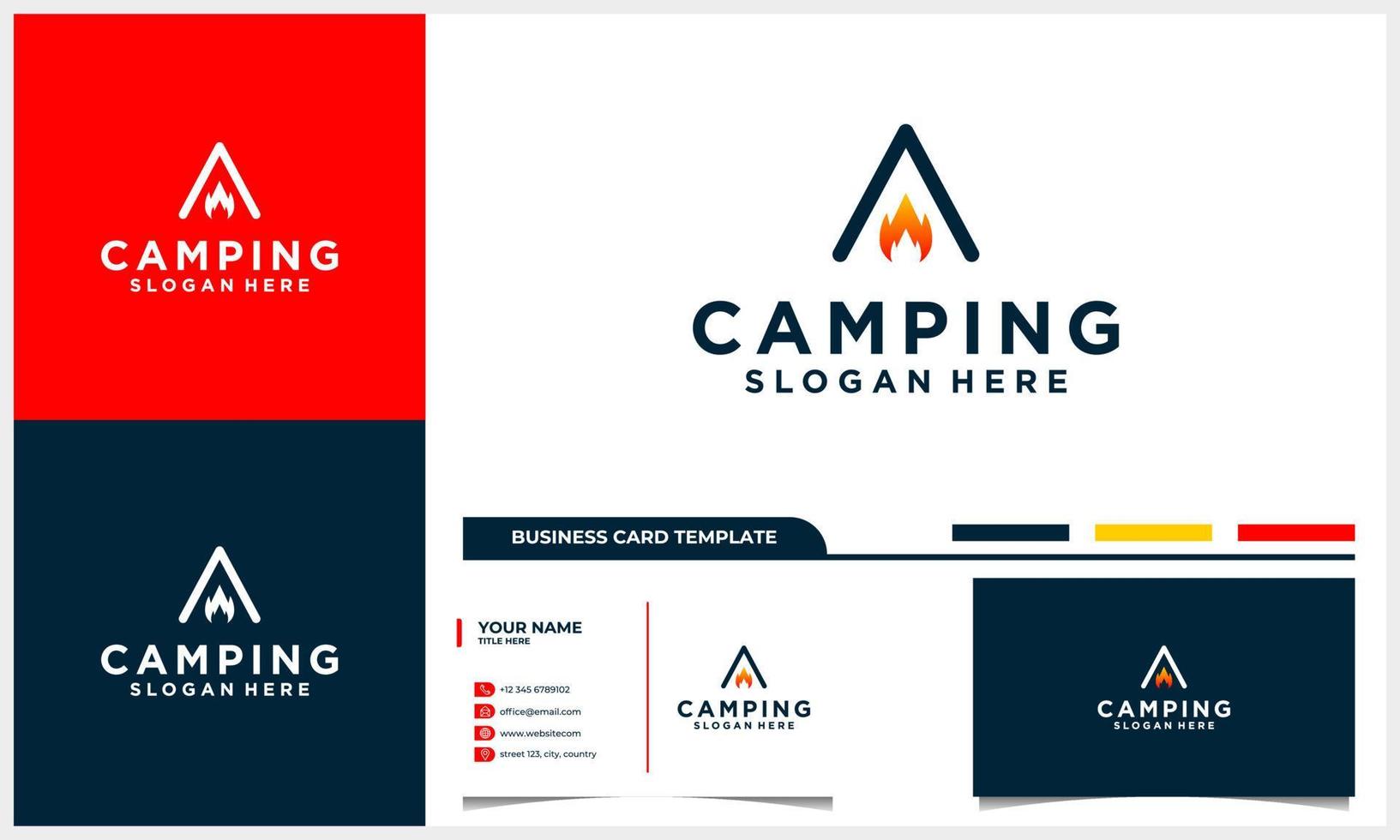 logotipo de camping con tienda abstracta y concepto de fuego con plantilla de tarjeta de visita vector