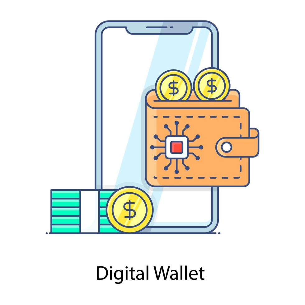 Cash wallet with mobile phone, concept of digital wallet icon vector