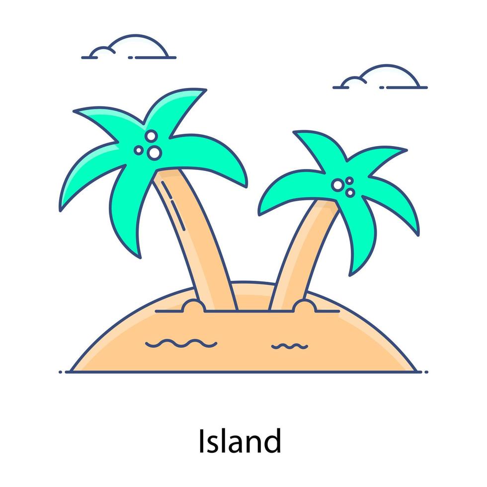 Palm trees on a land depicting island in flat outline icon vector