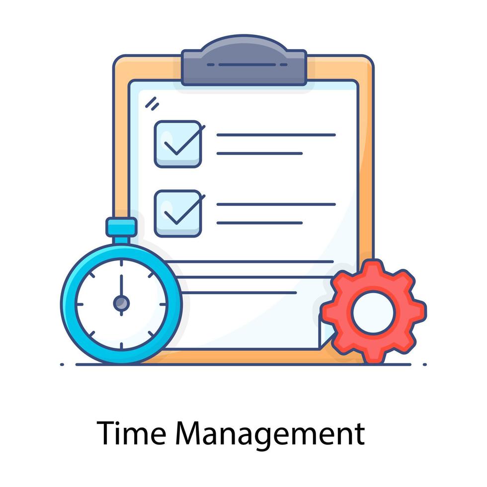 Time management in flat outline conceptual icon, gear and clock with clipboard vector