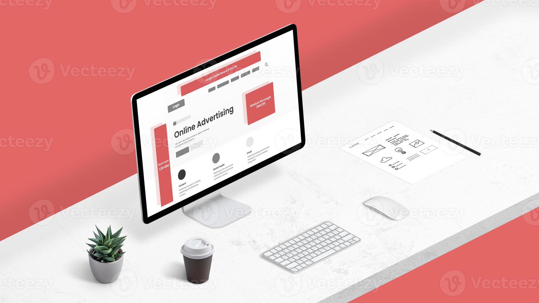 Online advertising concept with default banner sizes and positions on company web page layout. Computer display on office desk isometric position. photo