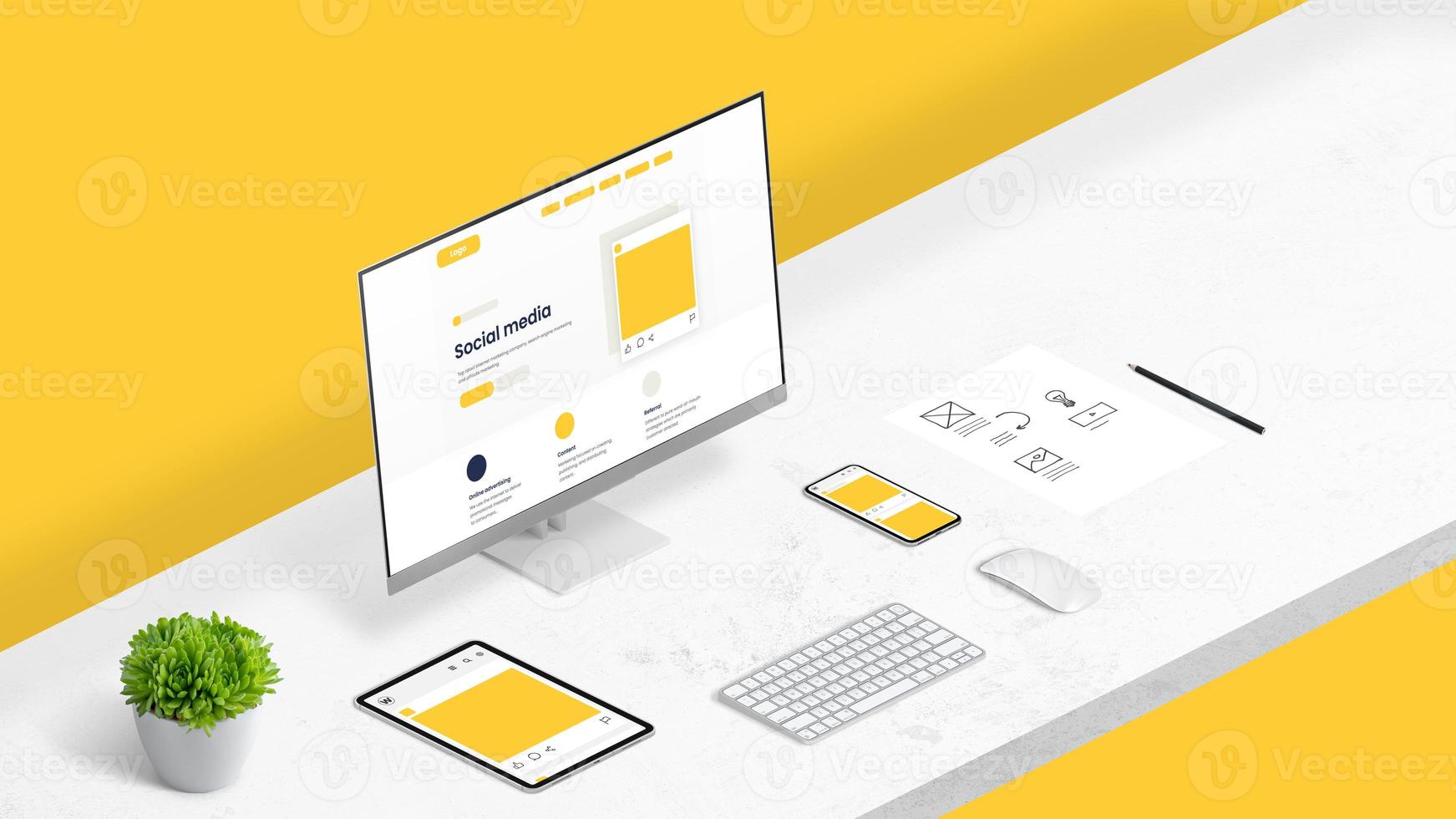 Social media marketing concept. Office desk with computer display, tablet and smart phone with social media widnow layout photo