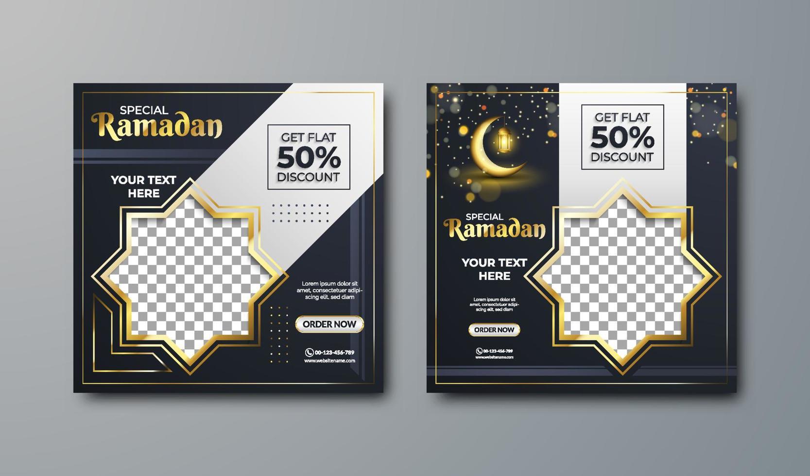 venta de ramadán redes sociales y publicación de marketing. plantilla de banner de redes sociales. plantilla de ramadán de lujo con áreas en blanco para imágenes o texto. vector