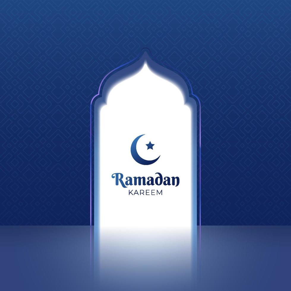 Beautiful Ramadan Kareem background design with crescent moon and star. Islamic greeting card illustration with mosque door. Mosque door with glowing light. Islamic doorway to heaven illustration vector