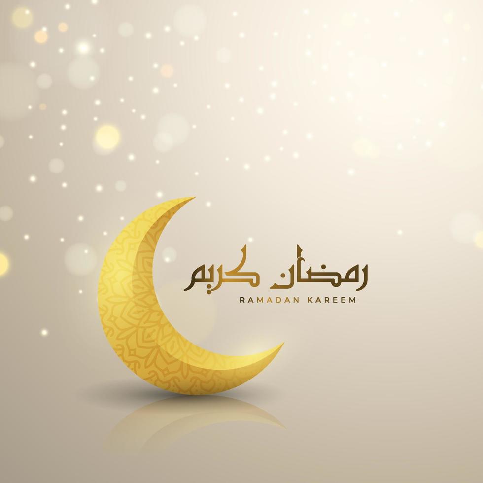 Beautiful Ramadan Kareem background design with golden crescent moon and glitter particles. Illustration of realistic 3D Islamic greeting card on the floor. Ramadan Kareem in Arabic calligraphy text. vector
