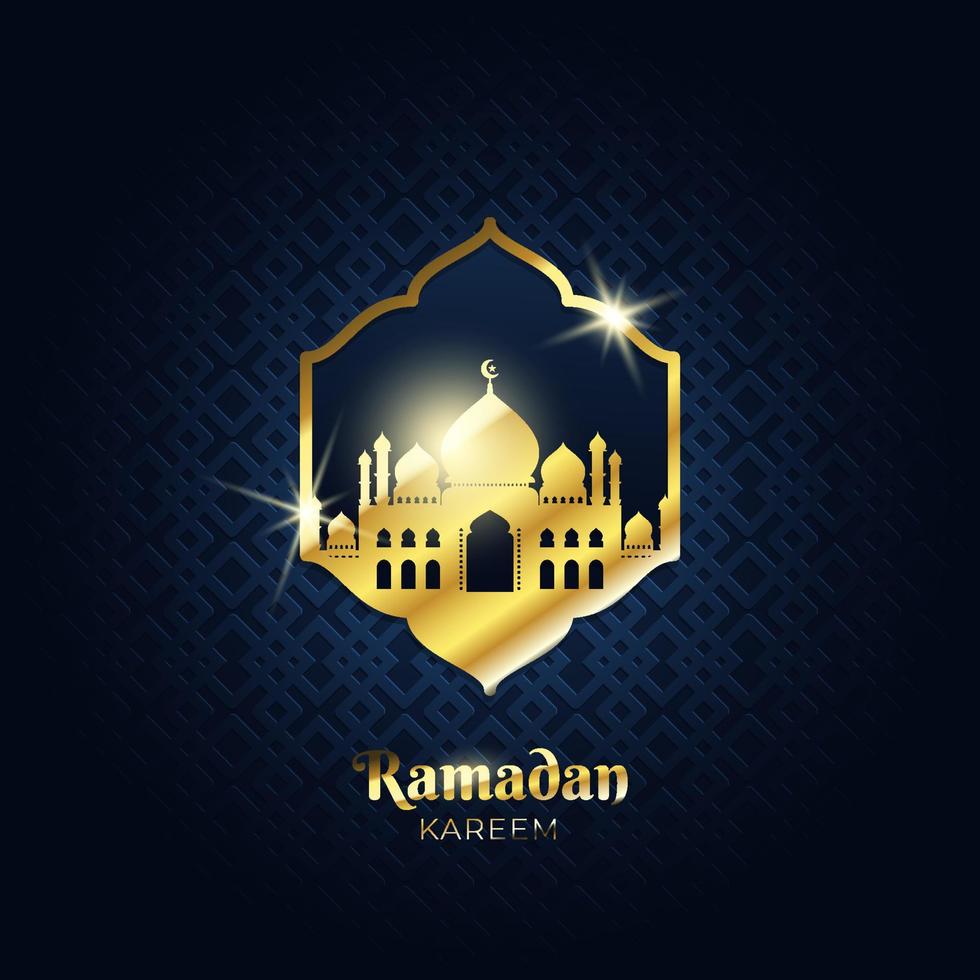 Golden Ramadan Kareem greeting banner. Luxurious Islamic greeting card with glowing mosque. Illustration of a mosque in Arabic frame vector