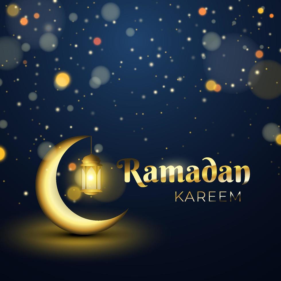 Ramadan Kareem celebration party. Beautiful Islamic greeting card with glitter gold particles. Luxury 3D background design with Arabic lantern and glowing crescent moon on dark background vector