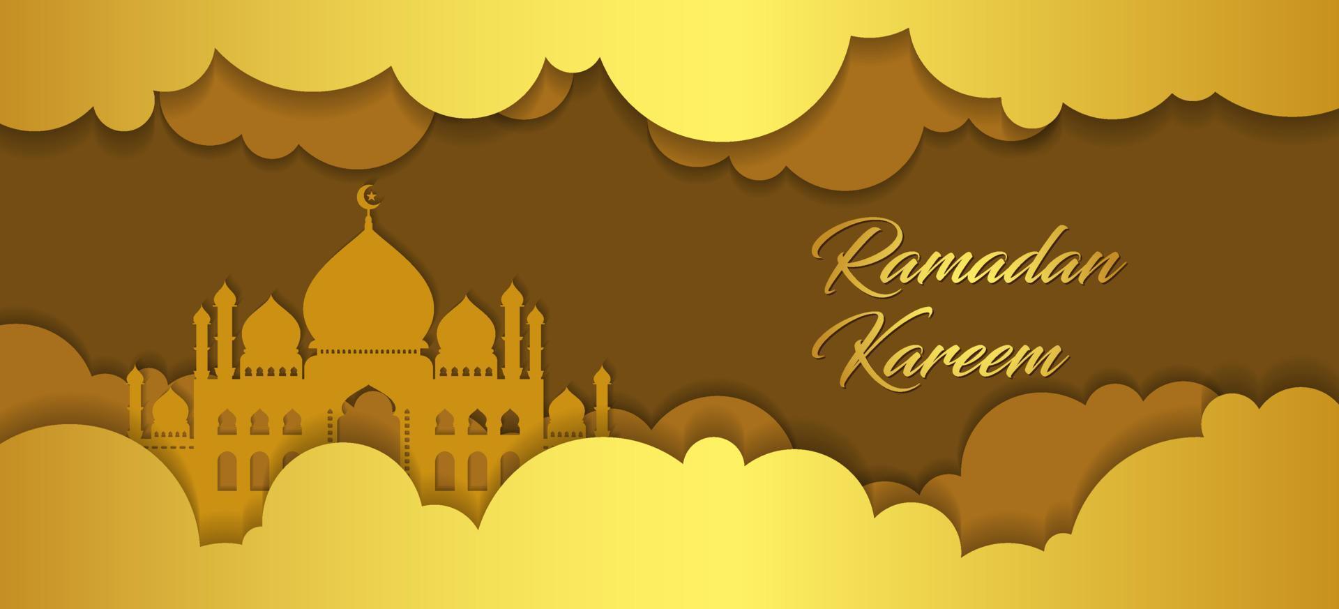 Ramadan Kareem greeting background. Ramadan greeting cards in a paper cut style with clouds and mosque. Golden Islamic greeting card. vector