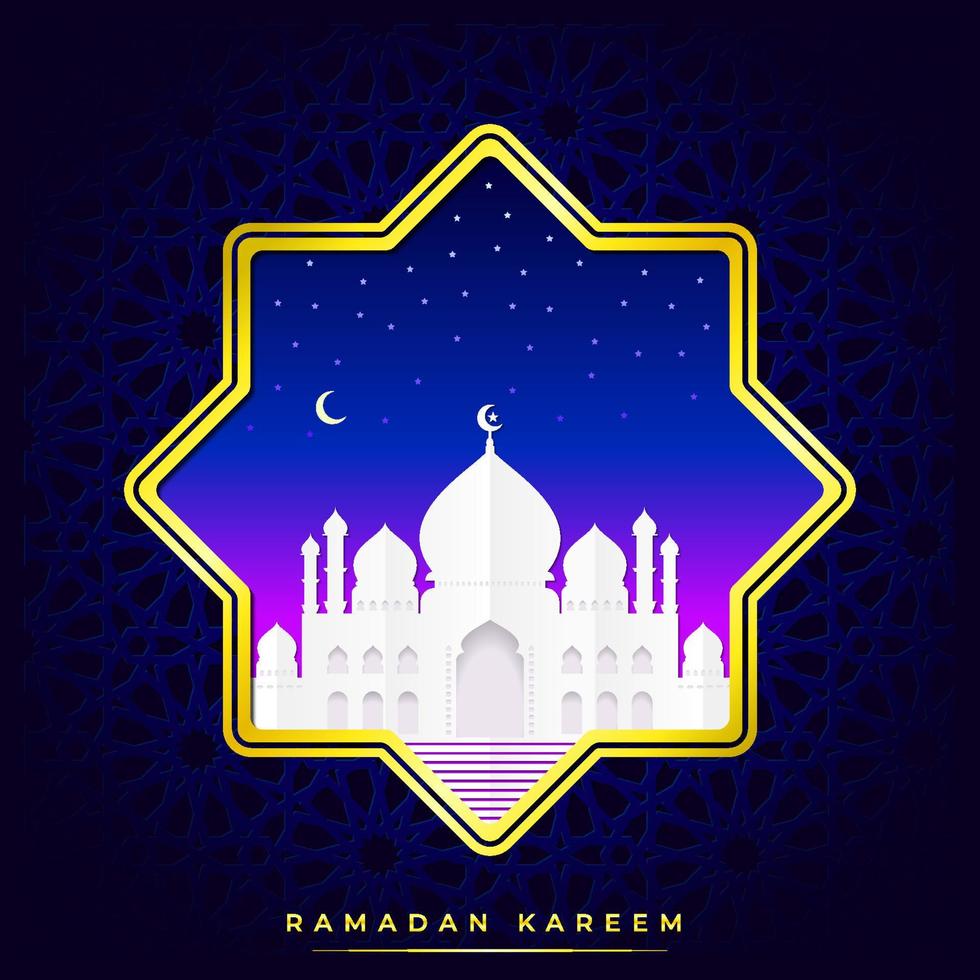 ilustración de ramadán kareem. hermosa plantilla de diseño de Ramadán. mezquita blanca con arte de papel o estilo de corte de papel por la noche. fondo azul oscuro y marco dorado. vector