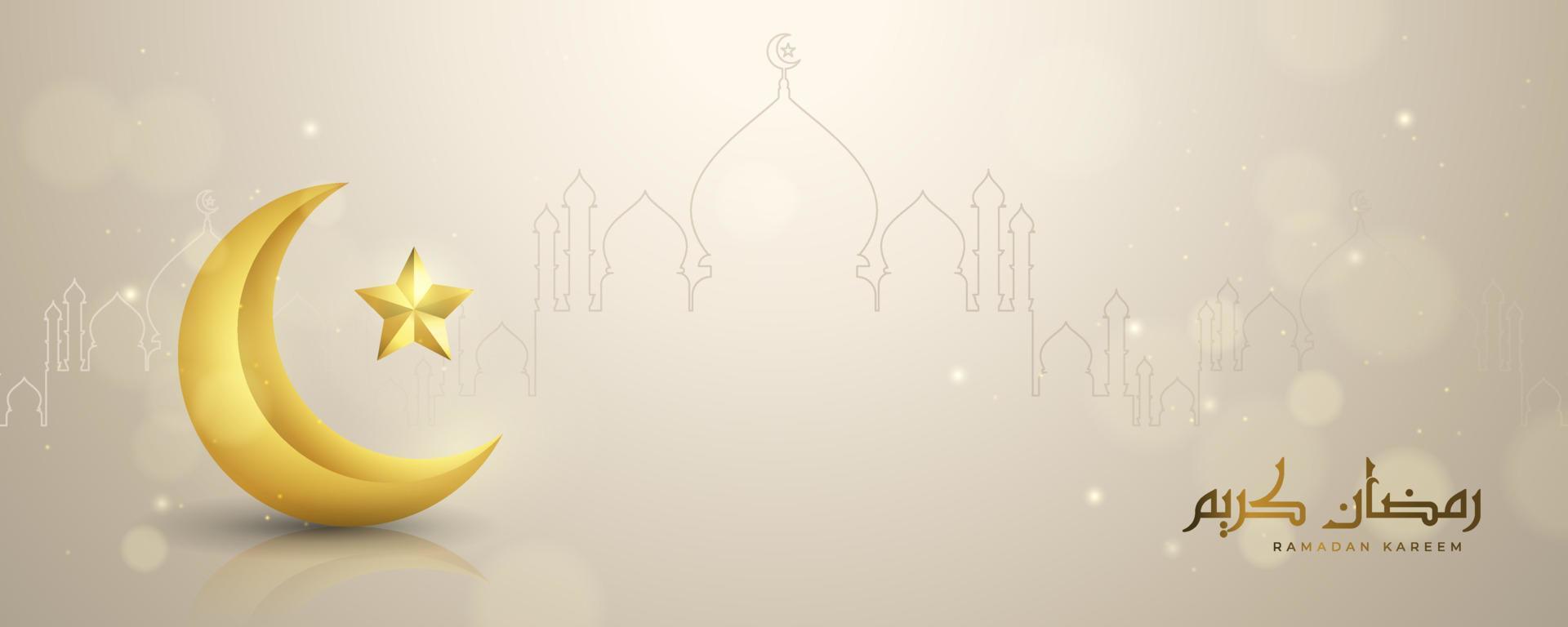 Beautiful Ramadan Kareem in Arabic calligraphy. Golden crescent moon, star, and glitter particles. Illustration of realistic 3D Islamic greeting card on the floor. Mosque line art. vector