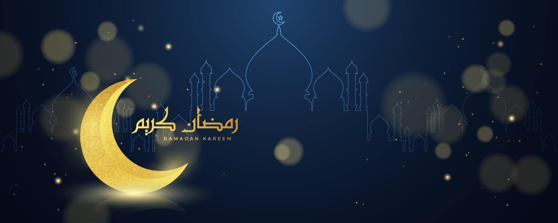 hermoso ramadan kareem en texto de caligrafía árabe y la luna creciente dorada en el suelo. ilustración de una tarjeta de felicitación islámica 3d realista con partículas brillantes. arte lineal de la mezquita. vector