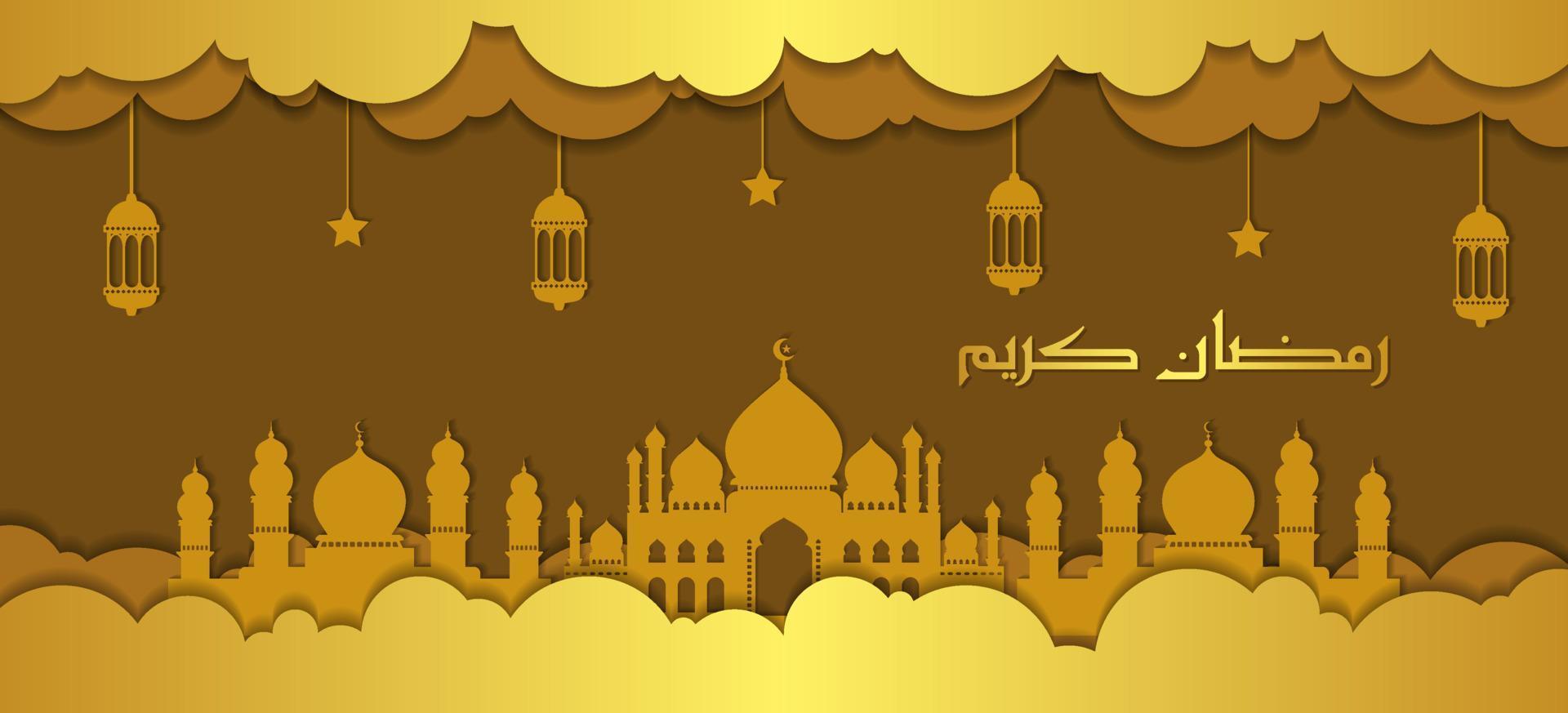 Ramadan Kareem greeting background. Ramadan greeting cards in a paper cut style with clouds and mosque. Golden Islamic greeting card. vector