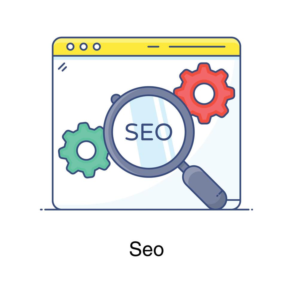 Gear under magnifying glass on webpage denoting seo icon vector