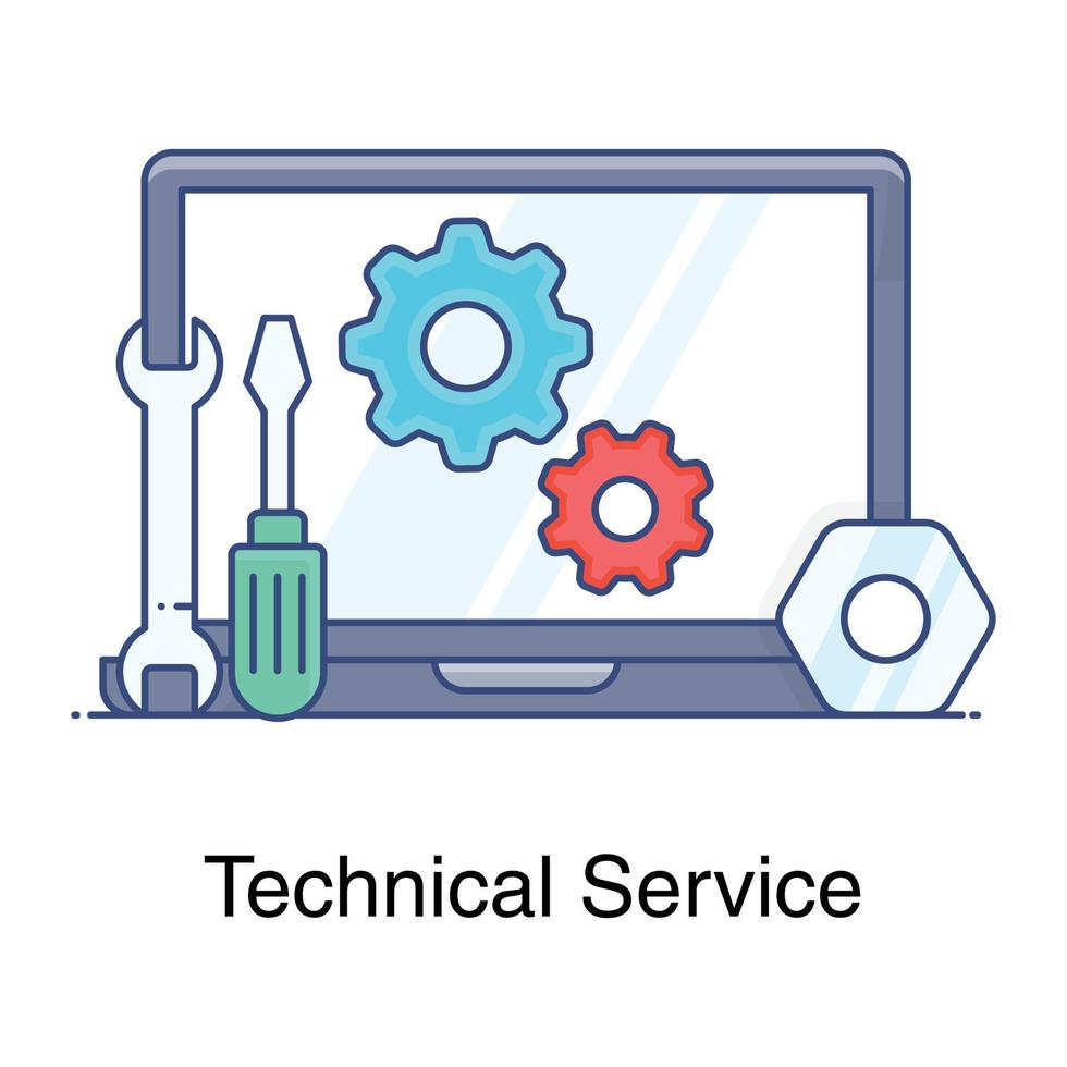 Gears inside laptop with spanner and screwdriver denoting technical service icon vector