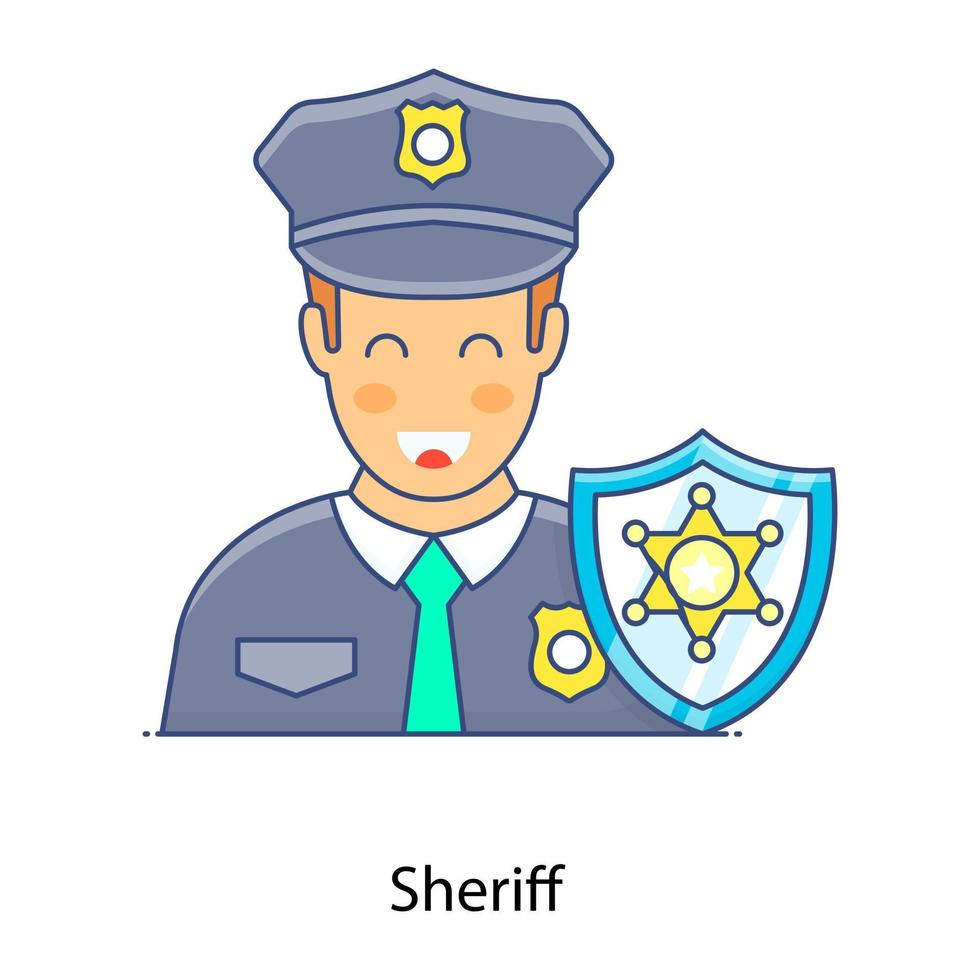 Male avatar with star shield, flat outline style of sheriff icon vector