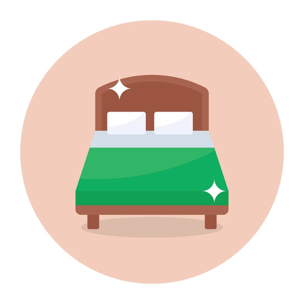 una habitación de hotel con cama doble en icono plano, dormitorio vector