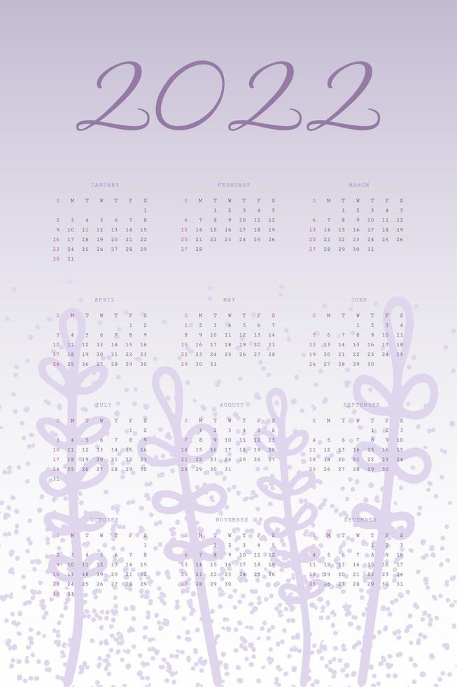 2022 calendar trendy very peri lavender palette with hand drawn botanical elements vector