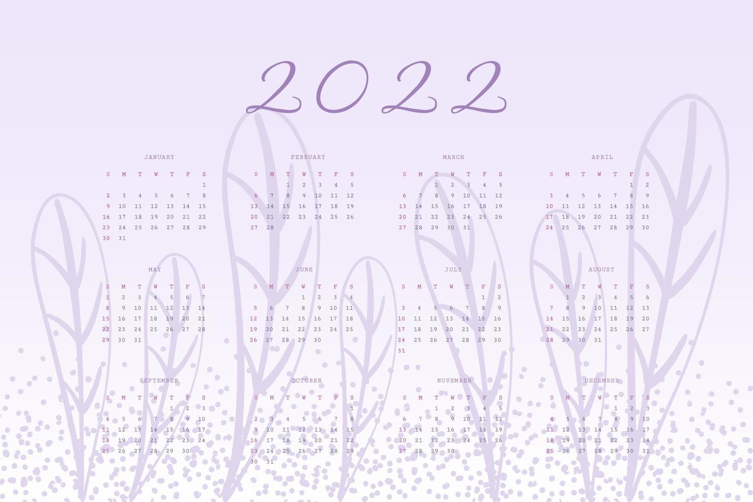 calendario 2022 paleta de lavanda muy peri moderna con elementos botánicos dibujados a mano vector