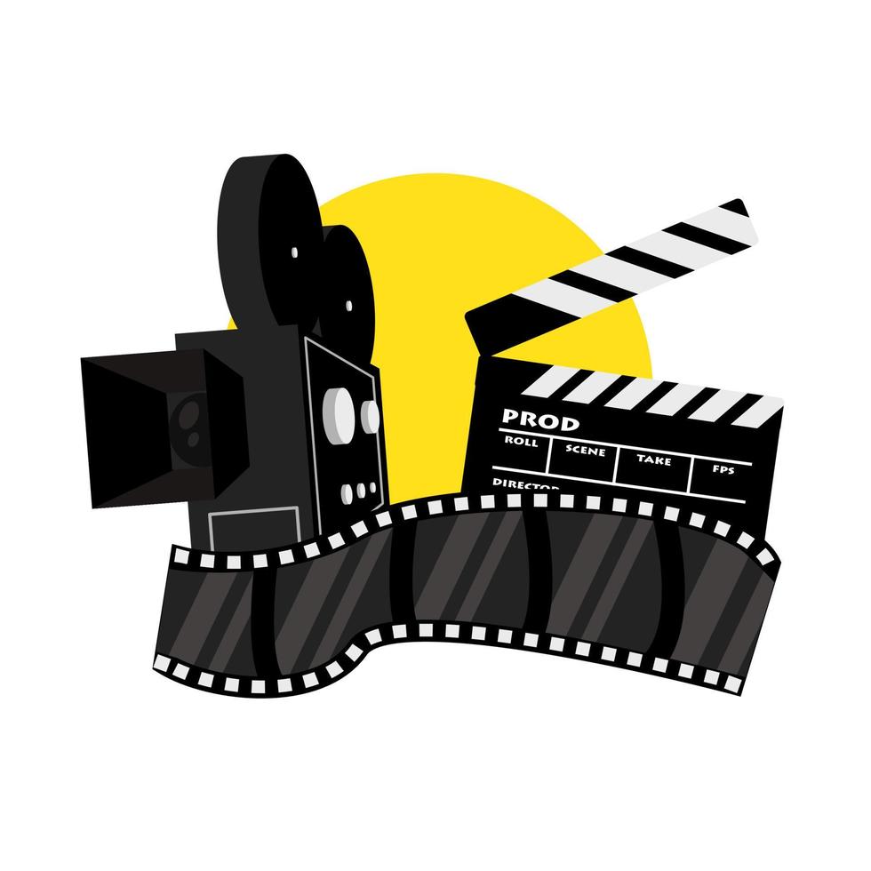 vintage camera, film slate or clapper and film strip or film roll suitable for movie equipment illustration vector