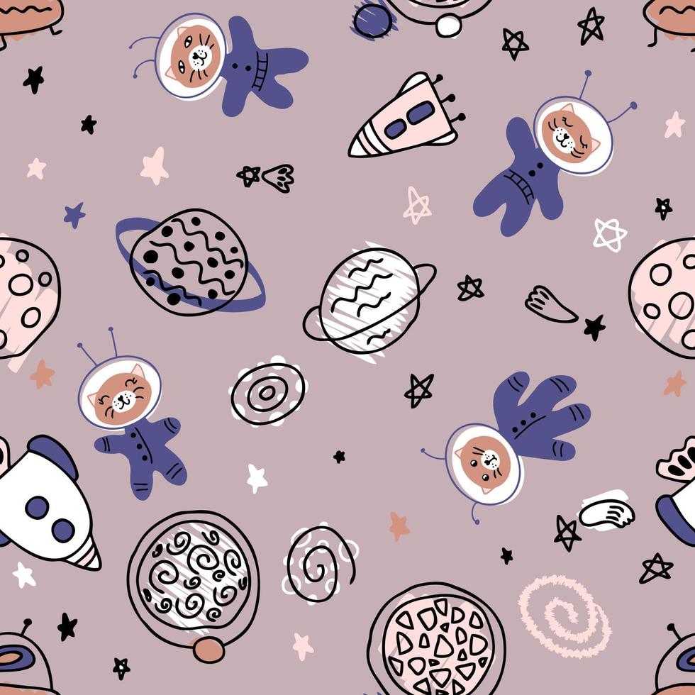Pastel colored seamless pattern with cats astronauts  in cosmos. Perfect for T-shirt, textile and print. Hand drawn vector illustration for decor and design.
