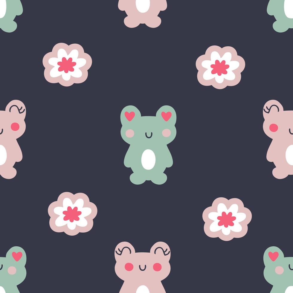 Summer cute frogs and flowers doodle seamless pattern. vector