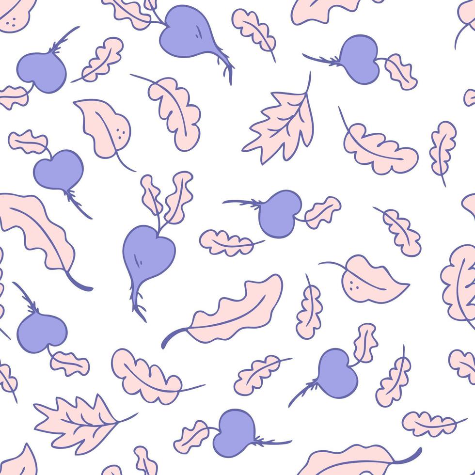 Hand drawn seamless pattern with vegetables beets and leaves. vector