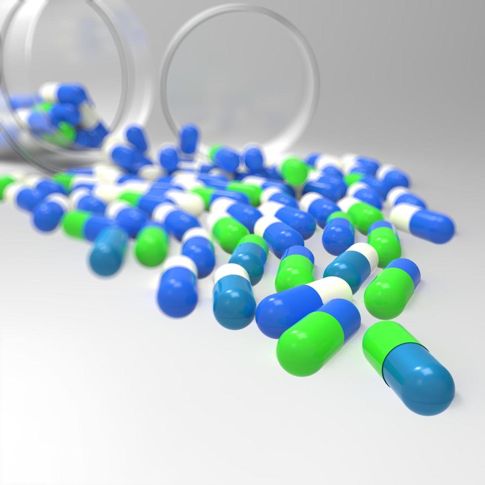 Pills 3d spilling out of pill bottle on white photo