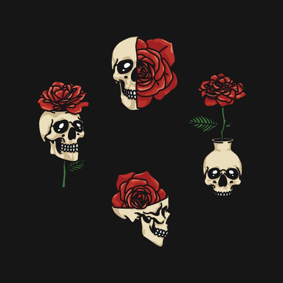 Set of Various Rose Skull Handmade Vector Illustration