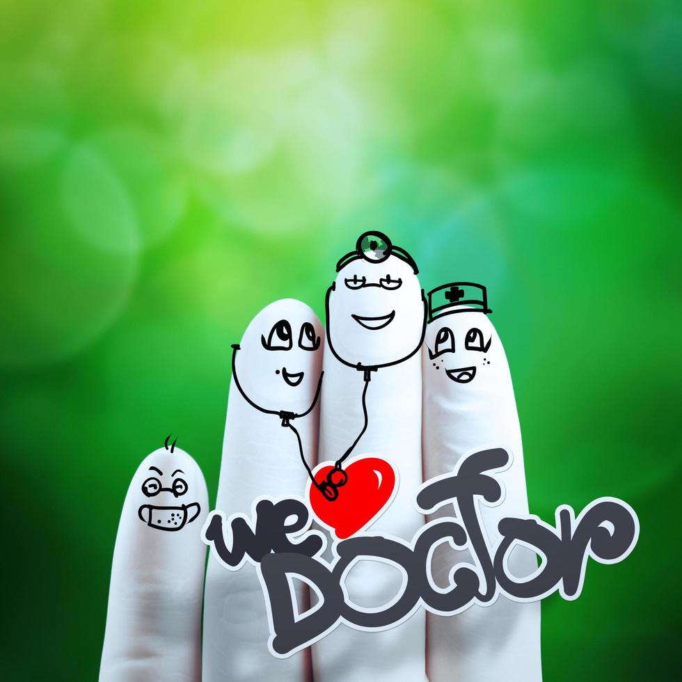 lovely couple hand drawn and finger,doctor and nurse with green nature background as concept photo