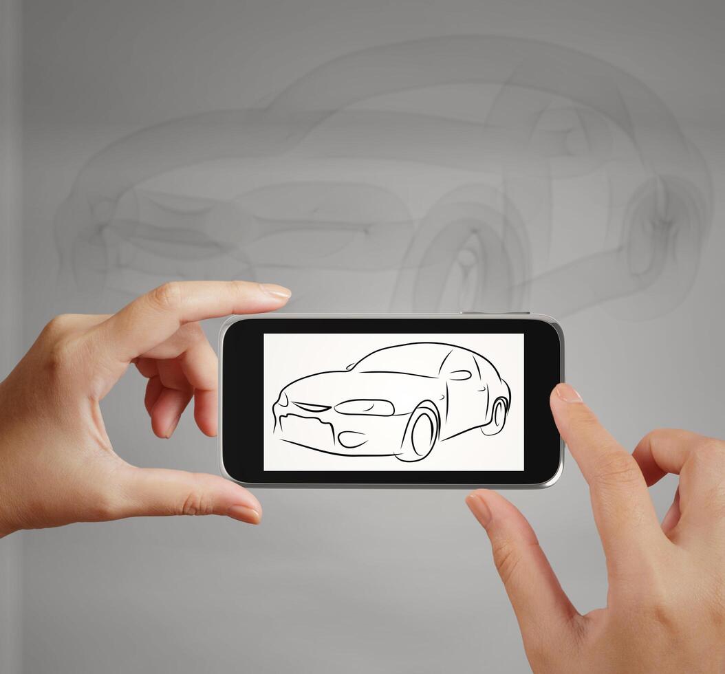 Smart hand using touch screen phone take photo of Car icon as concept