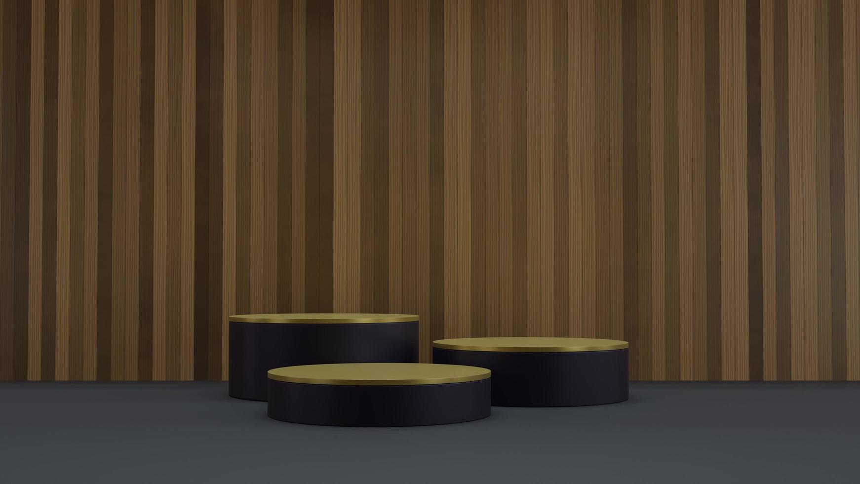 Mockup cylindrical step podium with wooden background 3D render illustration photo
