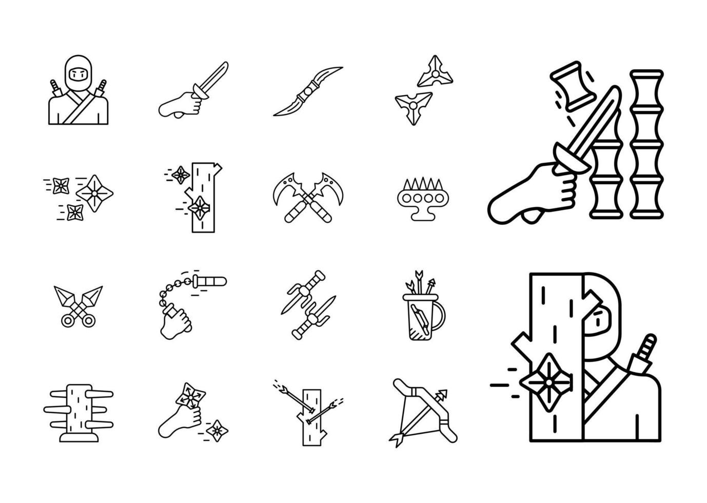 Ninja related icon set. Special collection linear icon set 18 Sword, star blade, arrow bow and so on. Download the creative war-ninja encounter related vector. Warrior tools. white background. vector