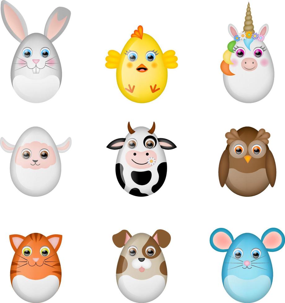 set of decorated easter eggs. funny animals made with eggs vector