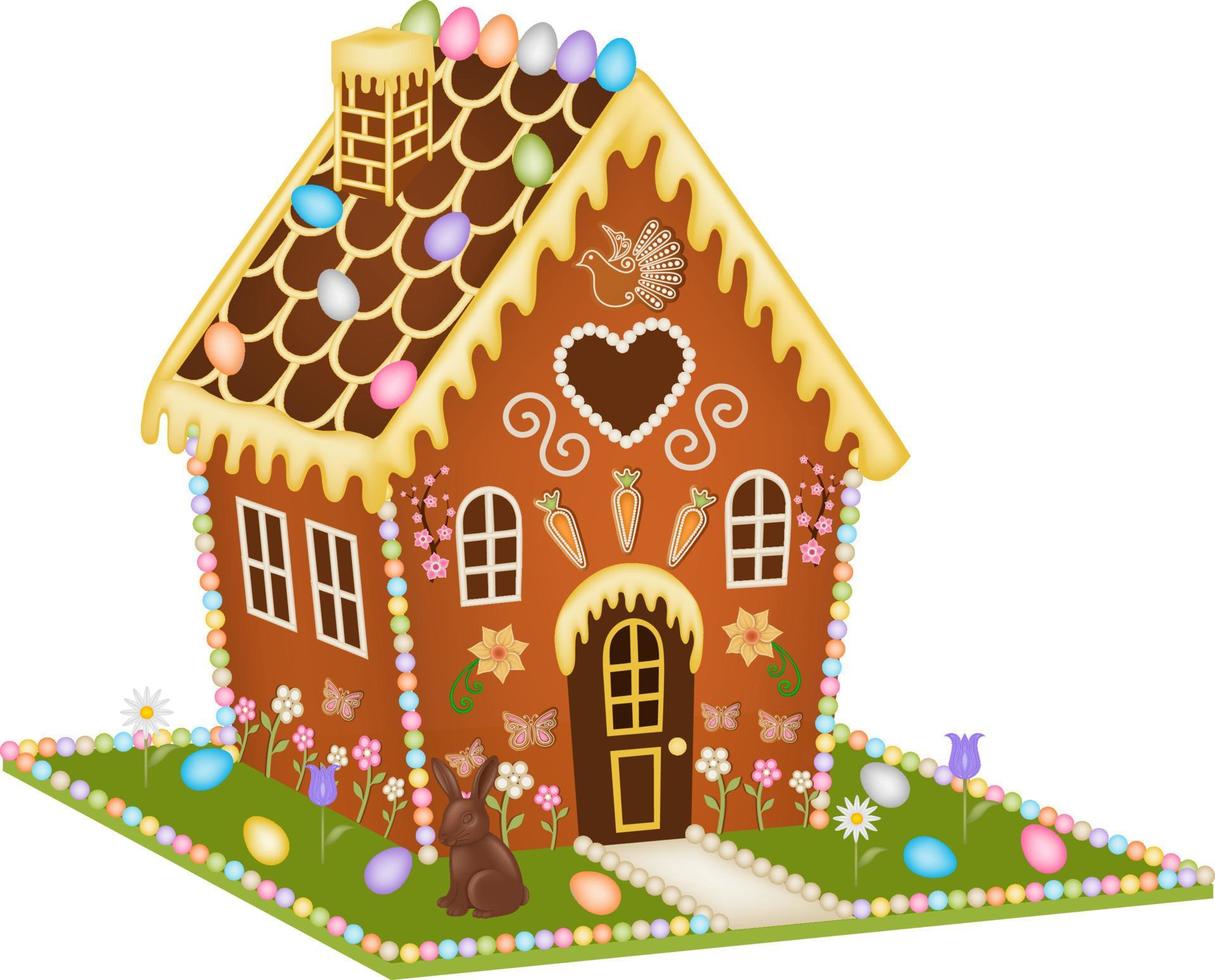 easter gingerbread house with chocolate rabbit and flowers vector